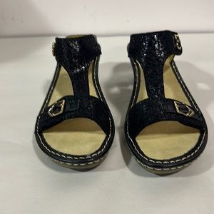 Alegria Black T-Strap Sandals with Gold Buckle Accents
